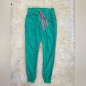 Figs Small Tall Safety Green Jogger Scrub Pants with Pink Drawstring Rare Color